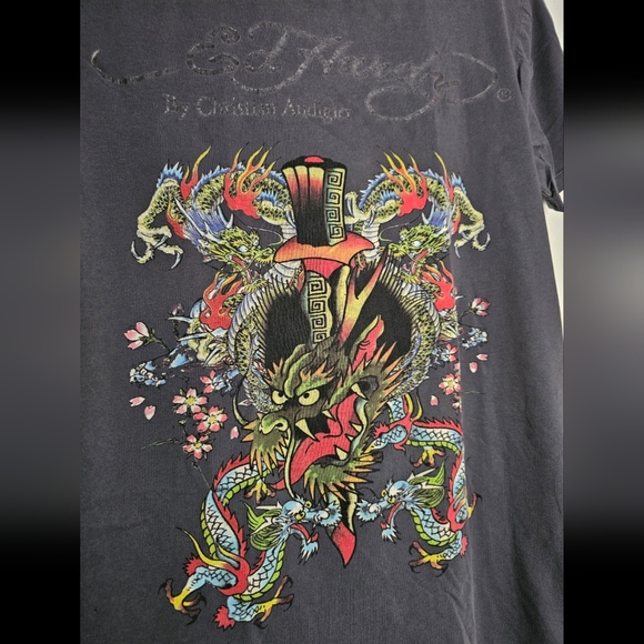 Y2K Ed Hardy Vintage Faded Black Graphic T-Shirt with Dragon Design - Picture 2 of 13